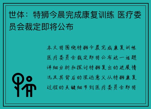 世体：特狮今晨完成康复训练 医疗委员会裁定即将公布