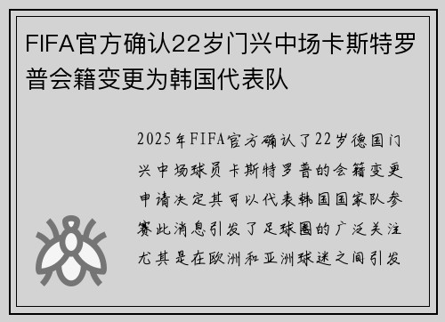 FIFA官方确认22岁门兴中场卡斯特罗普会籍变更为韩国代表队